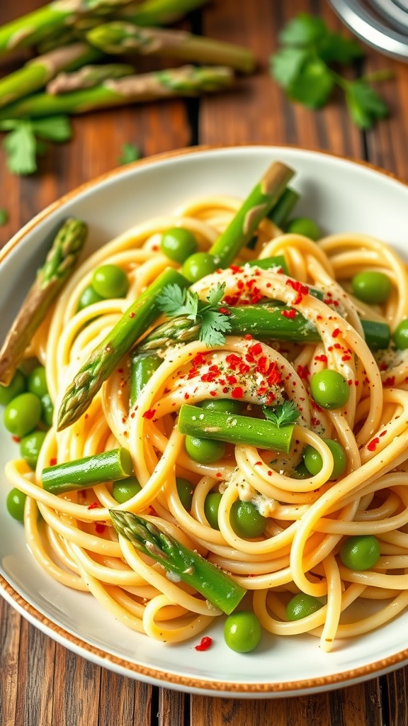 Creamy garlic asparagus pasta garnished with red pepper flakes and parsley on a rustic table.